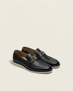 Black Leather Loafers with Metal Accent – Premium Slip-On Casual Shoes for Men