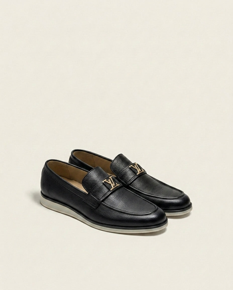 Black Leather Loafers with Metal Accent – Premium Slip-On Casual Shoes for Men