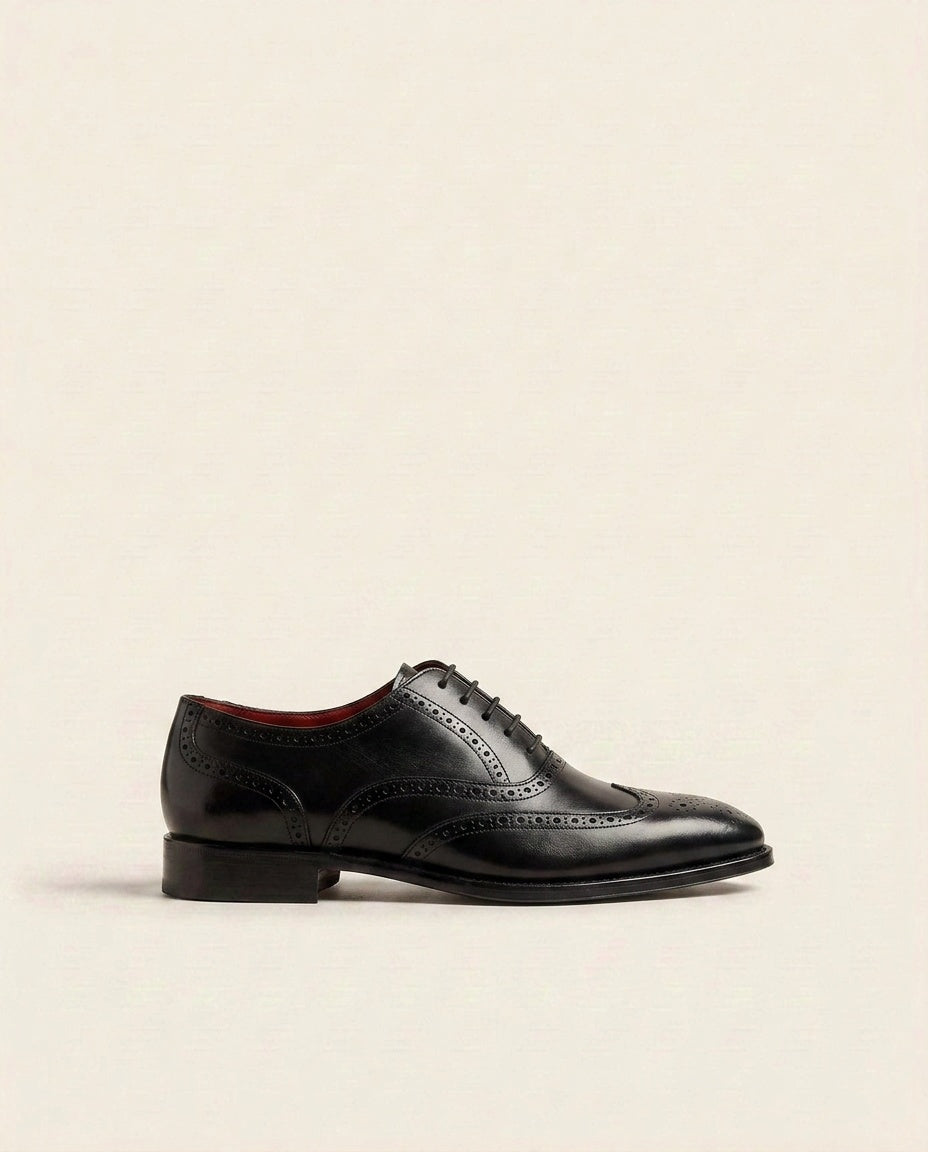 Black Leather Brogue Oxford Shoes with Red Interior – Stylish Formal Dress Shoes for Men