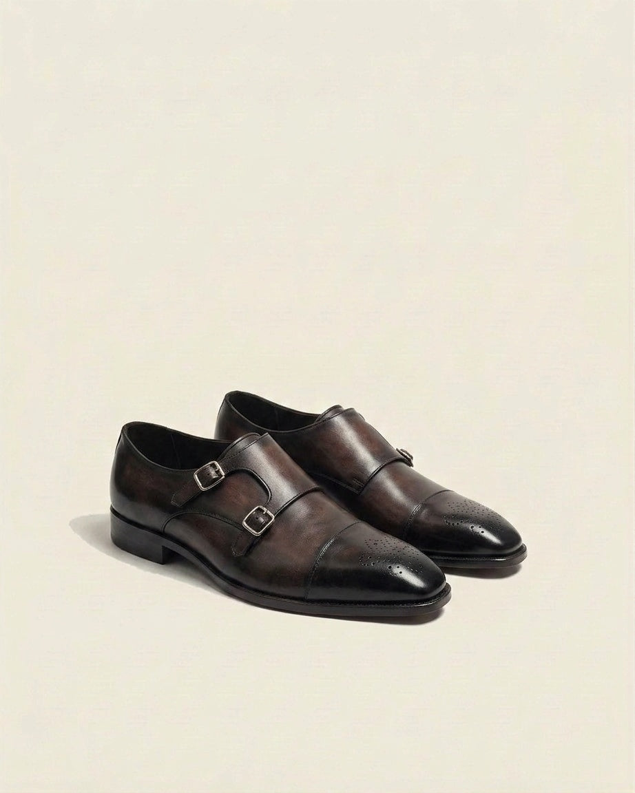 Men’s Dual Tone Black & Brown Double Monk Strap Leather Shoes – Luxury Formal Dress Shoes