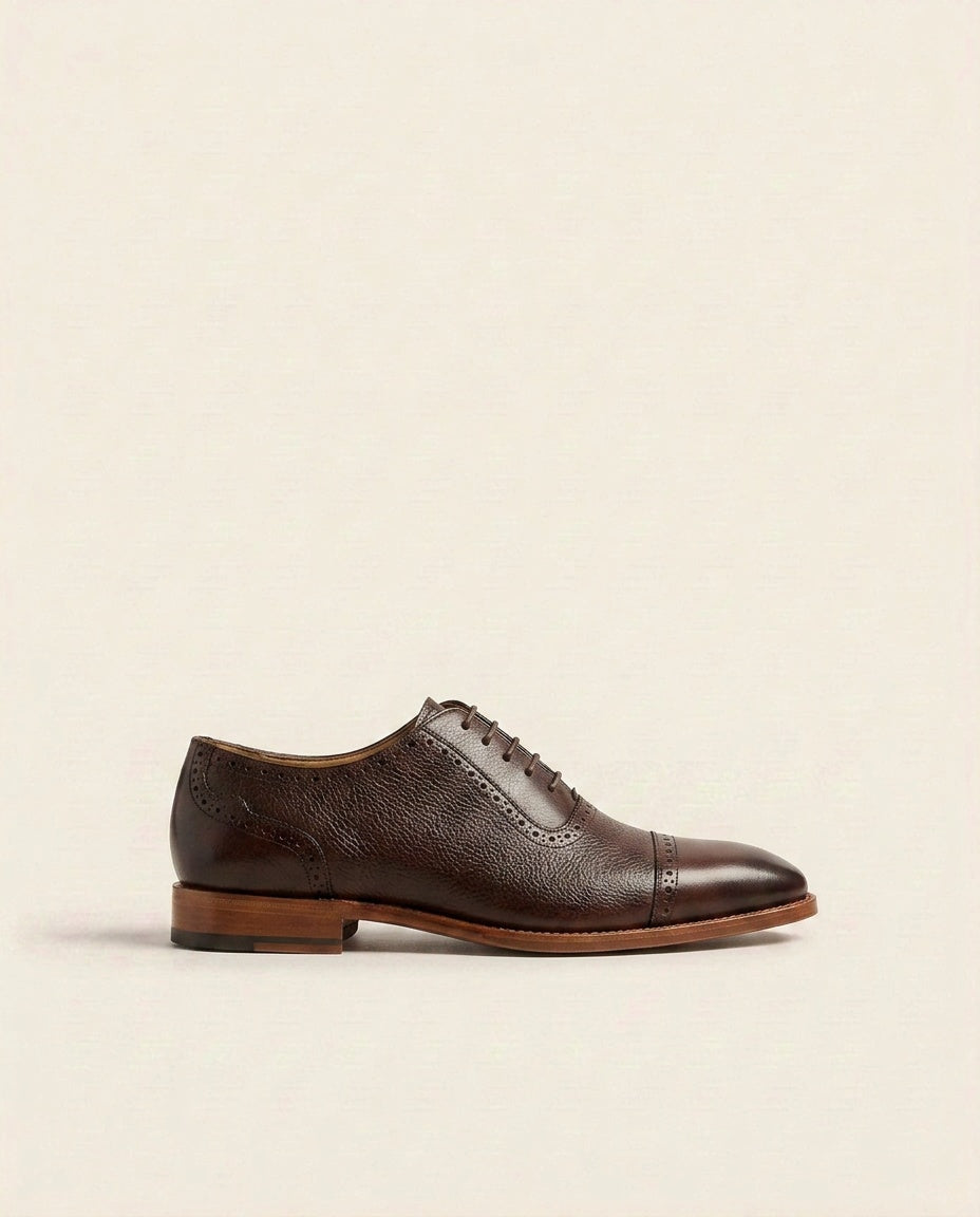 Brown Textured Cap-Toe Oxford Shoes