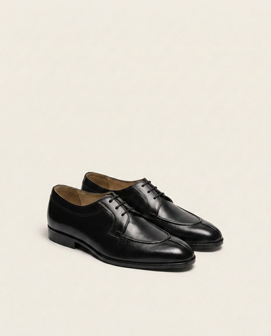 Black Leather Apron Toe Derby Shoes for Men – Handcrafted Formal Lace-Up Footwear