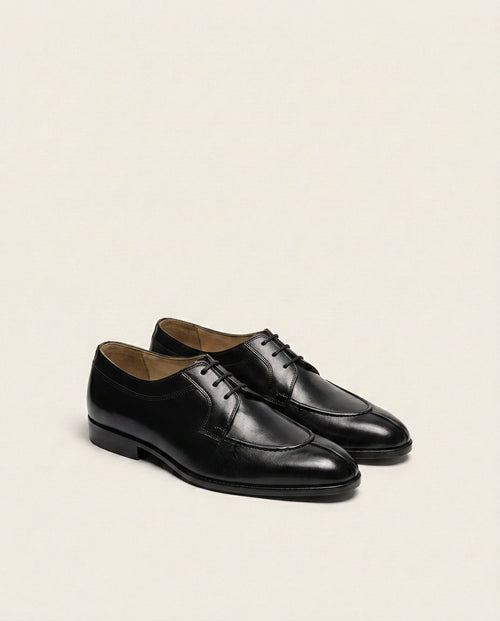 Black Leather Apron Toe Derby Shoes for Men – Handcrafted Formal Lace-Up Footwear
