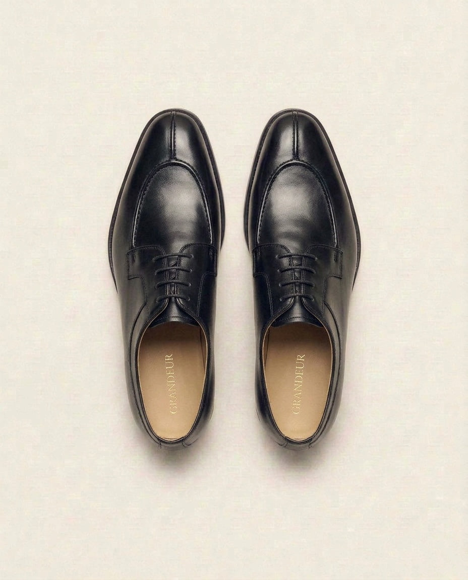 Black Leather Apron Toe Derby Shoes for Men – Handcrafted Formal Lace-Up Footwear