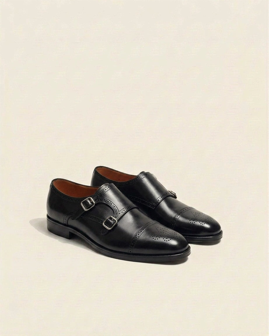 Men’s Black Double Monk Strap Brogue Leather Shoes – Premium Formal Dress Shoes