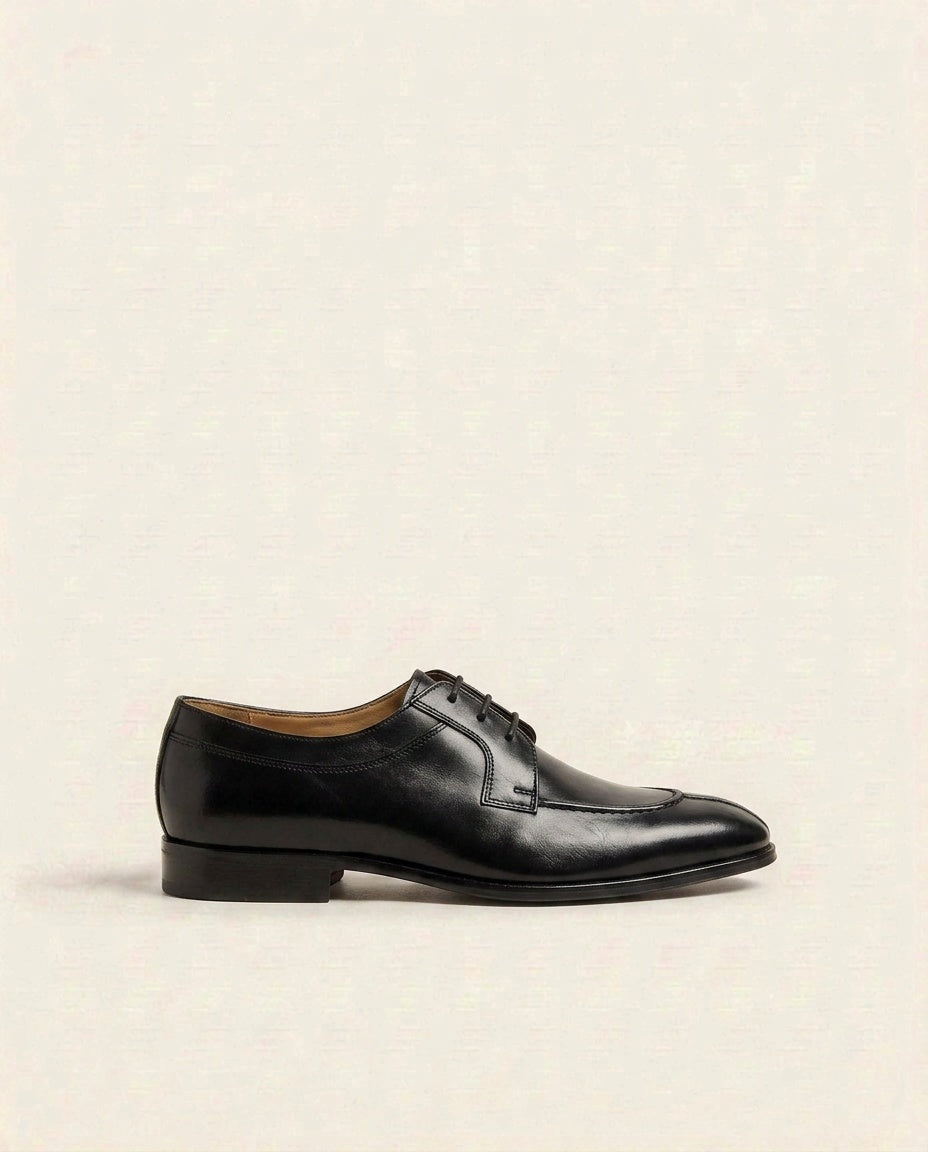 Black Leather Apron Toe Derby Shoes for Men – Handcrafted Formal Lace-Up Footwear