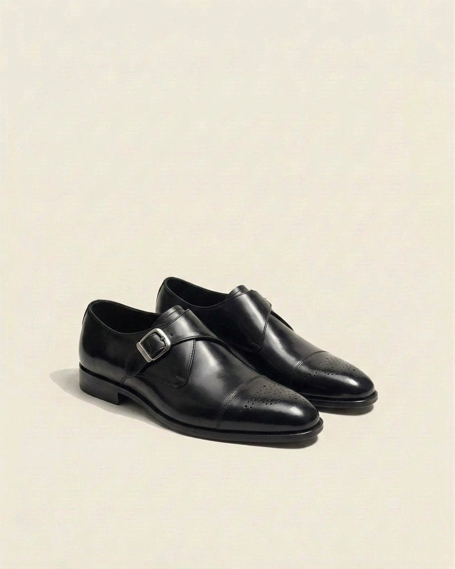 Men’s Black Single Monk Strap Leather Shoes – Elegant Brogue Cap Toe Formal Shoes