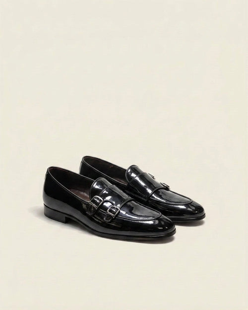 Black Patent Leather Double Monk Strap Loafers