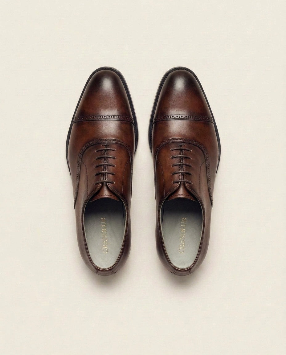 Grandeur Executive Brown Cap Toe Oxford – Hand-Finished Leather Dress Shoes