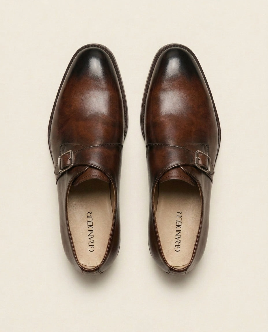 Brown Burnished Leather Single Monk Strap Shoes – Classic Buckle Formal Shoes