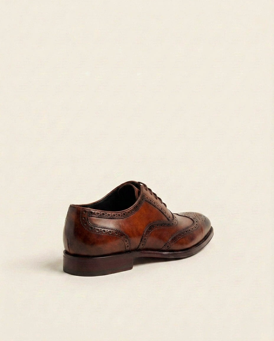 Men’s Burnished Brown Wingtip Brogue Oxford Shoes – Genuine Leather Formal Dress Lace-Up Shoes