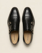 Black Croc-Texture Double Monk Strap Dress Shoes – Premium Leather Formal Shoes