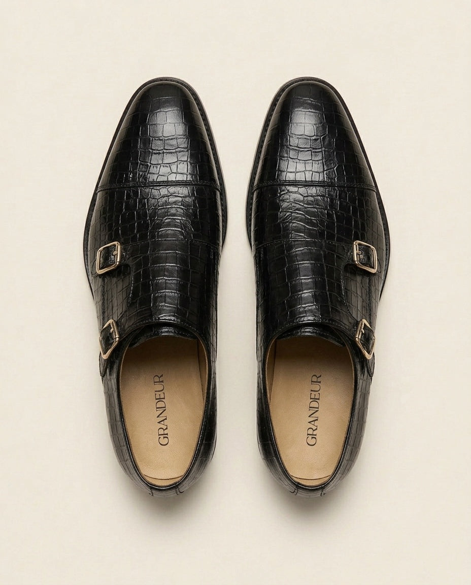 Black Croc-Texture Double Monk Strap Dress Shoes – Premium Leather Formal Shoes