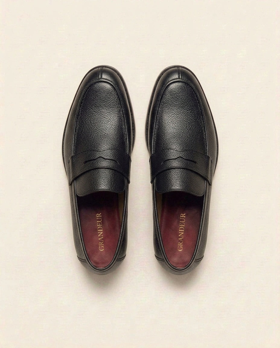 Black Pebbled Leather Penny Loafers