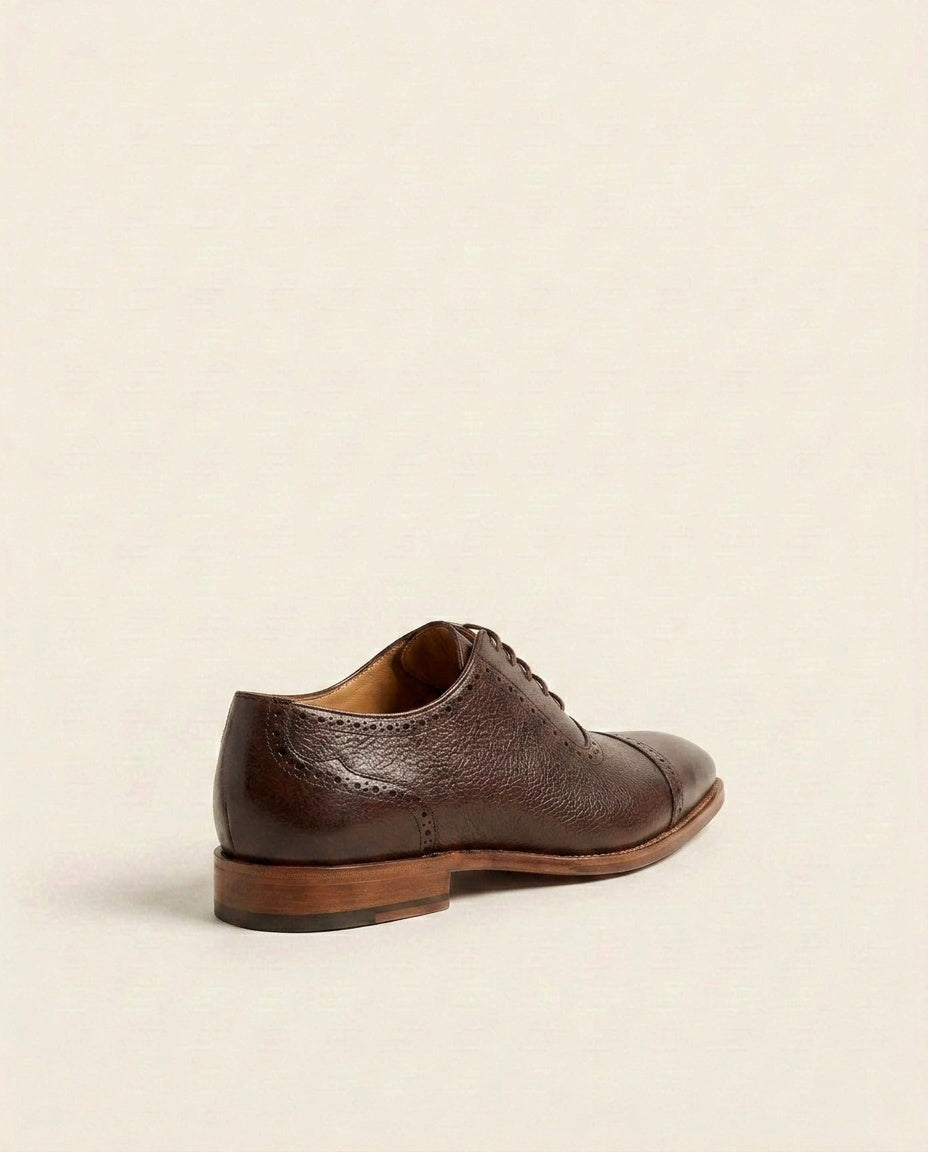Brown Textured Cap-Toe Oxford Shoes