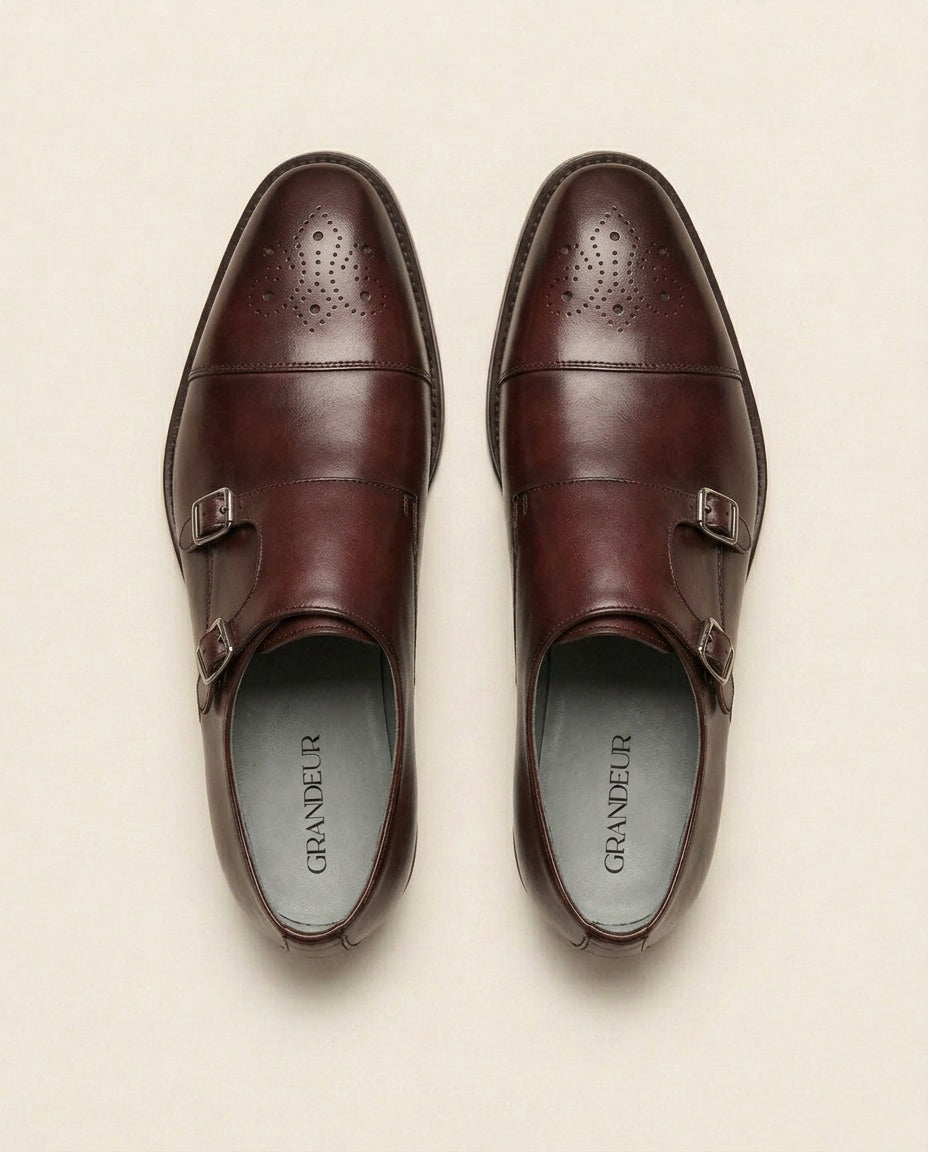 Brown Double Monk Strap Brogue Leather Shoes – Premium Formal Dress Shoes