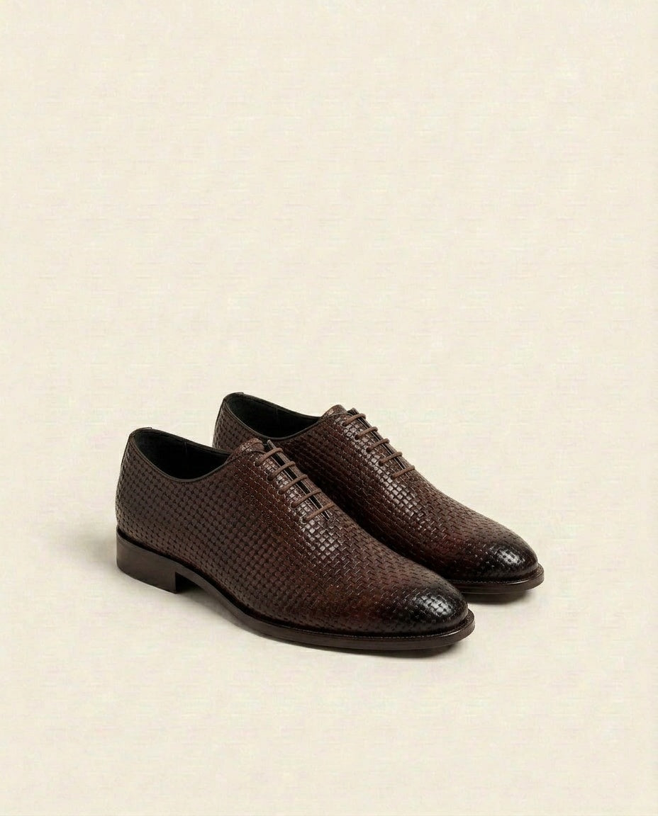 Grandeur Dark Brown Woven Leather Lace-Up Shoes – Made-to-Order