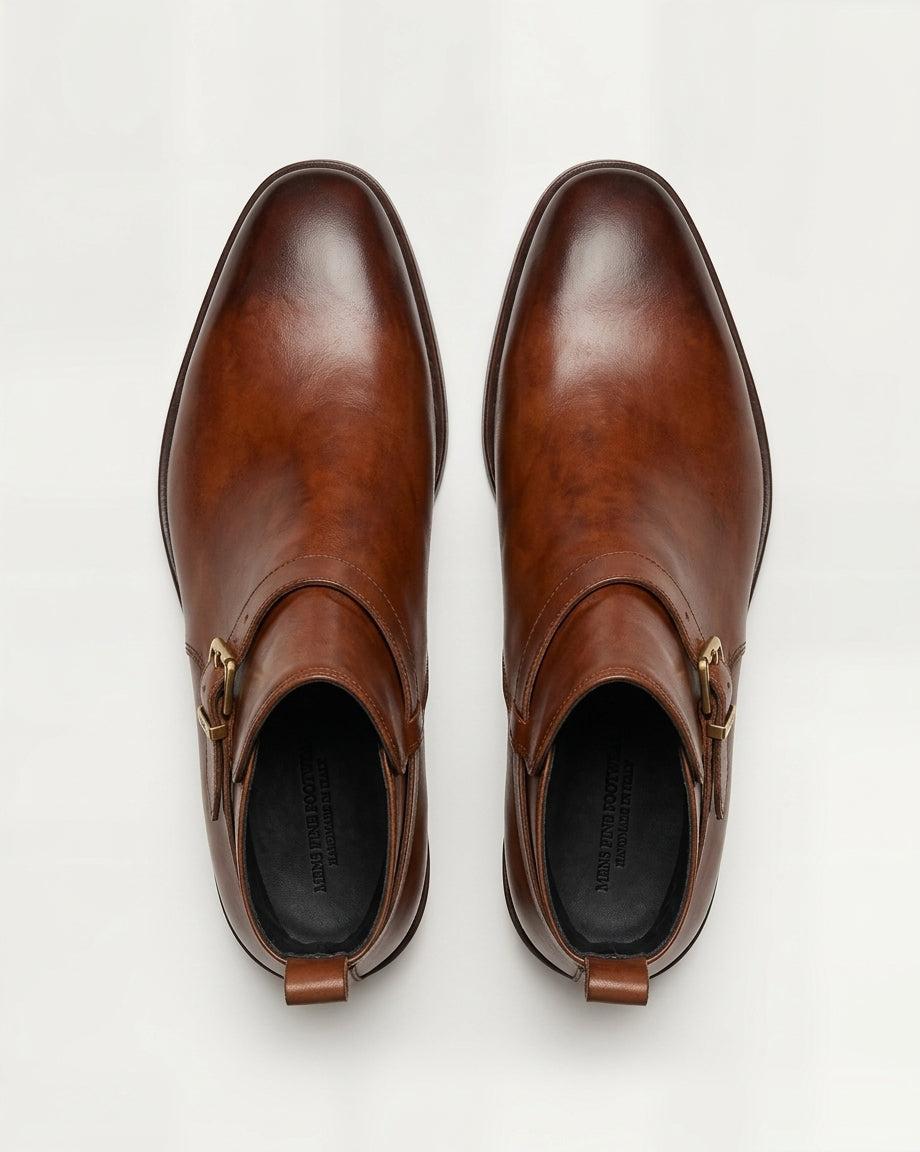 Brown Leather Monk Strap Ankle Boots – Elegant Buckle Boots for Men