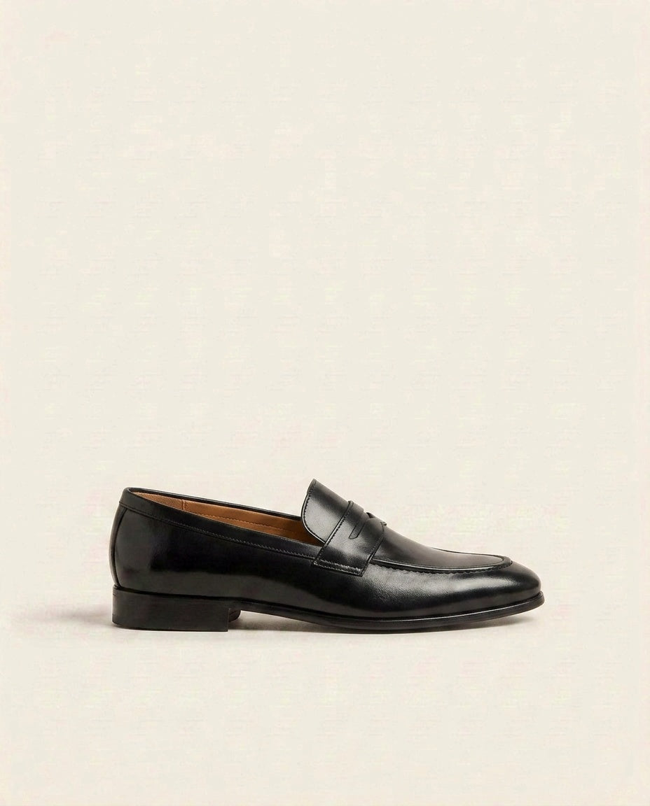 Men’s Classic Black Leather Penny Loafers – Formal Slip-On Dress Shoes