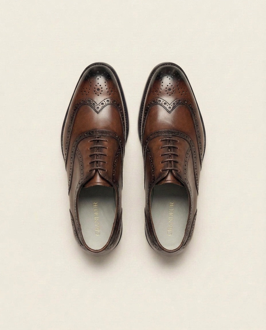Brown Wingtip Brogue Oxford Shoes – Burnished Leather Formal Lace-Ups
