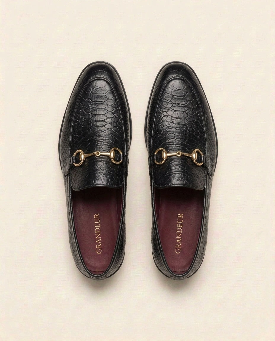 Black Textured Leather Horsebit Loafers