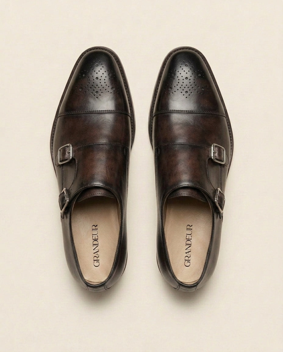 Men’s Dual Tone Black & Brown Double Monk Strap Leather Shoes – Luxury Formal Dress Shoes