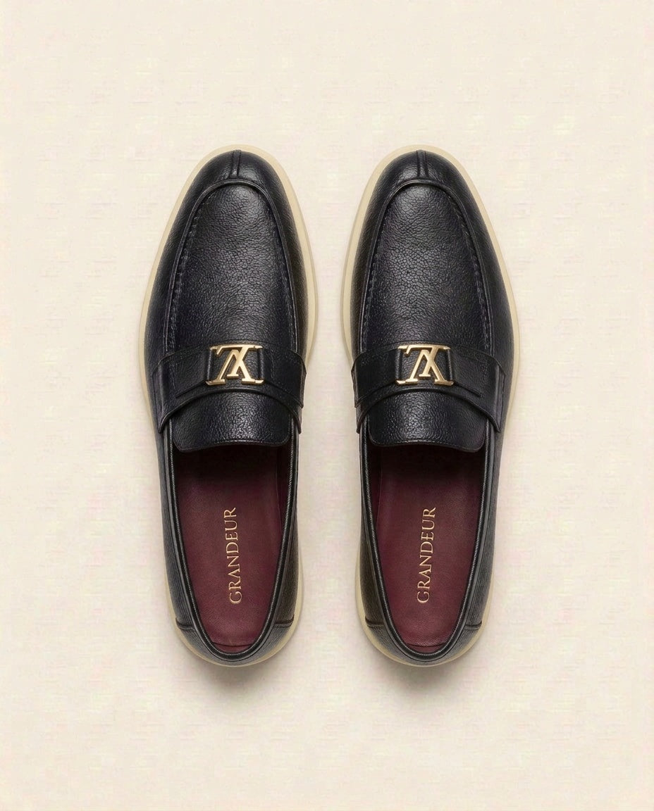 Black Leather Loafers with Metal Accent – Premium Slip-On Casual Shoes for Men