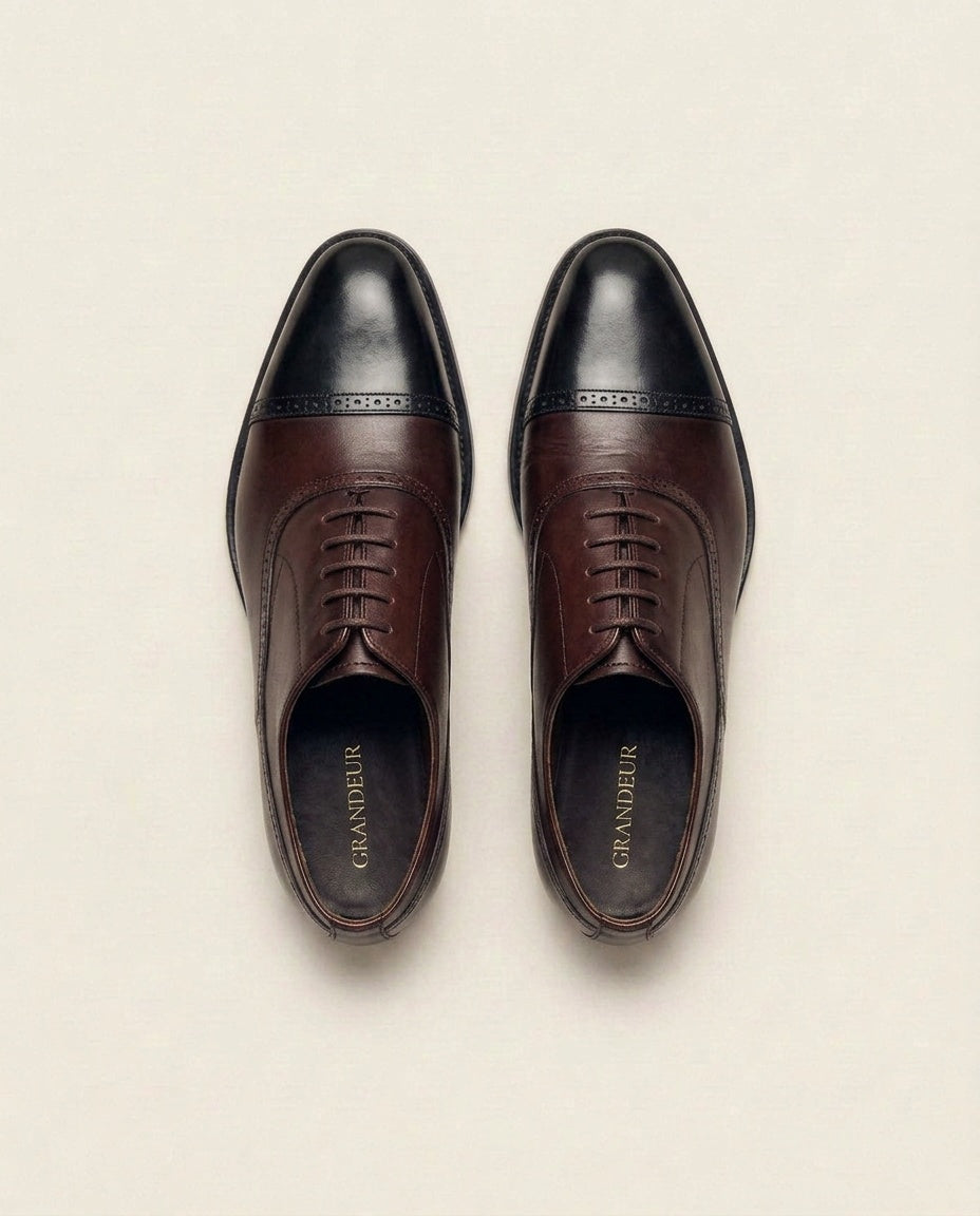 Black & Burgundy Cap-Toe Oxford Shoes – Dual Tone Leather Formal Lace-Up