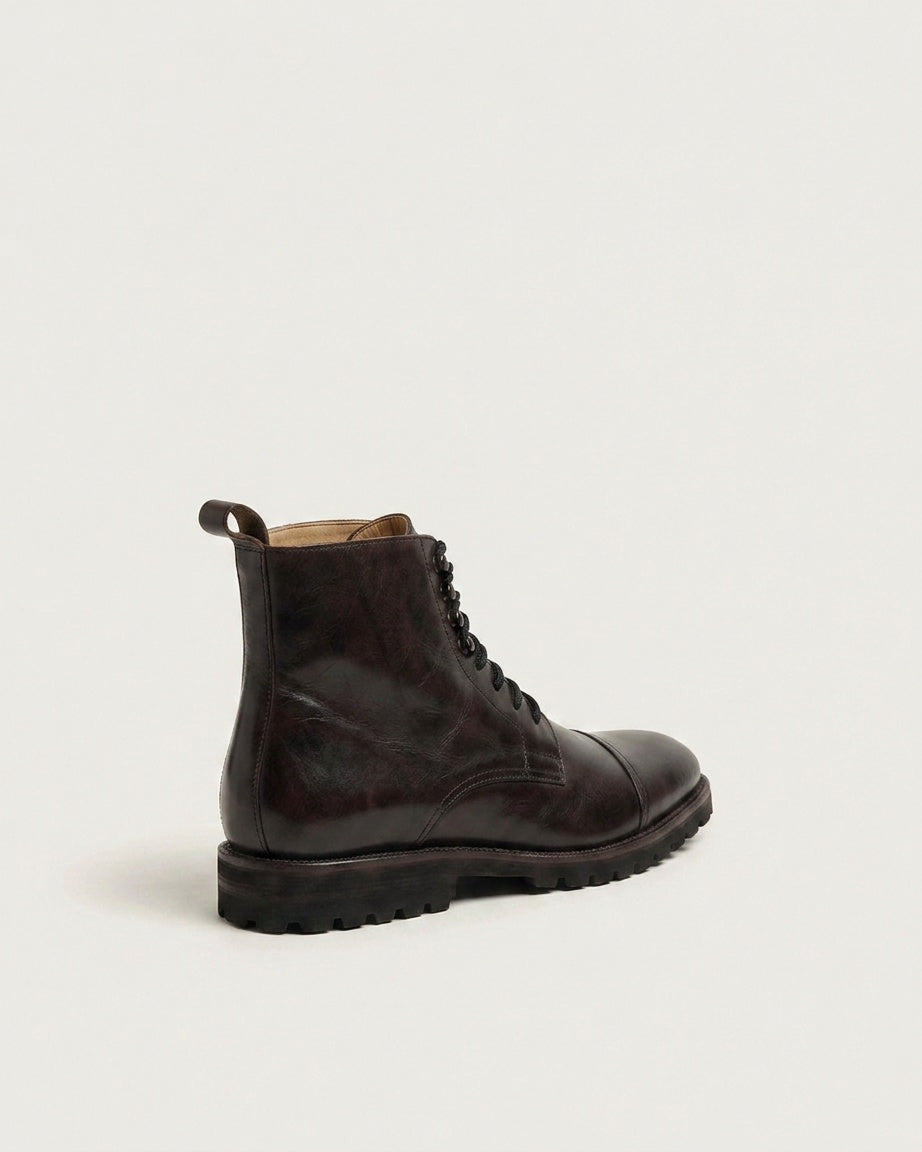 Dark Brown Leather Cap-Toe Lace-Up Boots