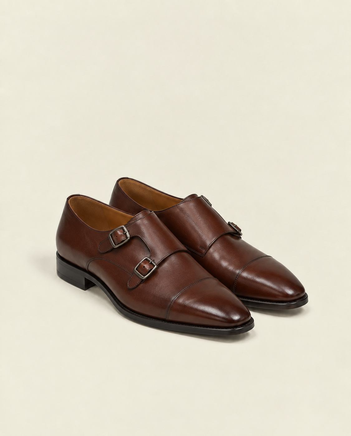 Men’s Brown Double Monk Strap Cap Toe Leather Shoes | Grandeur Man