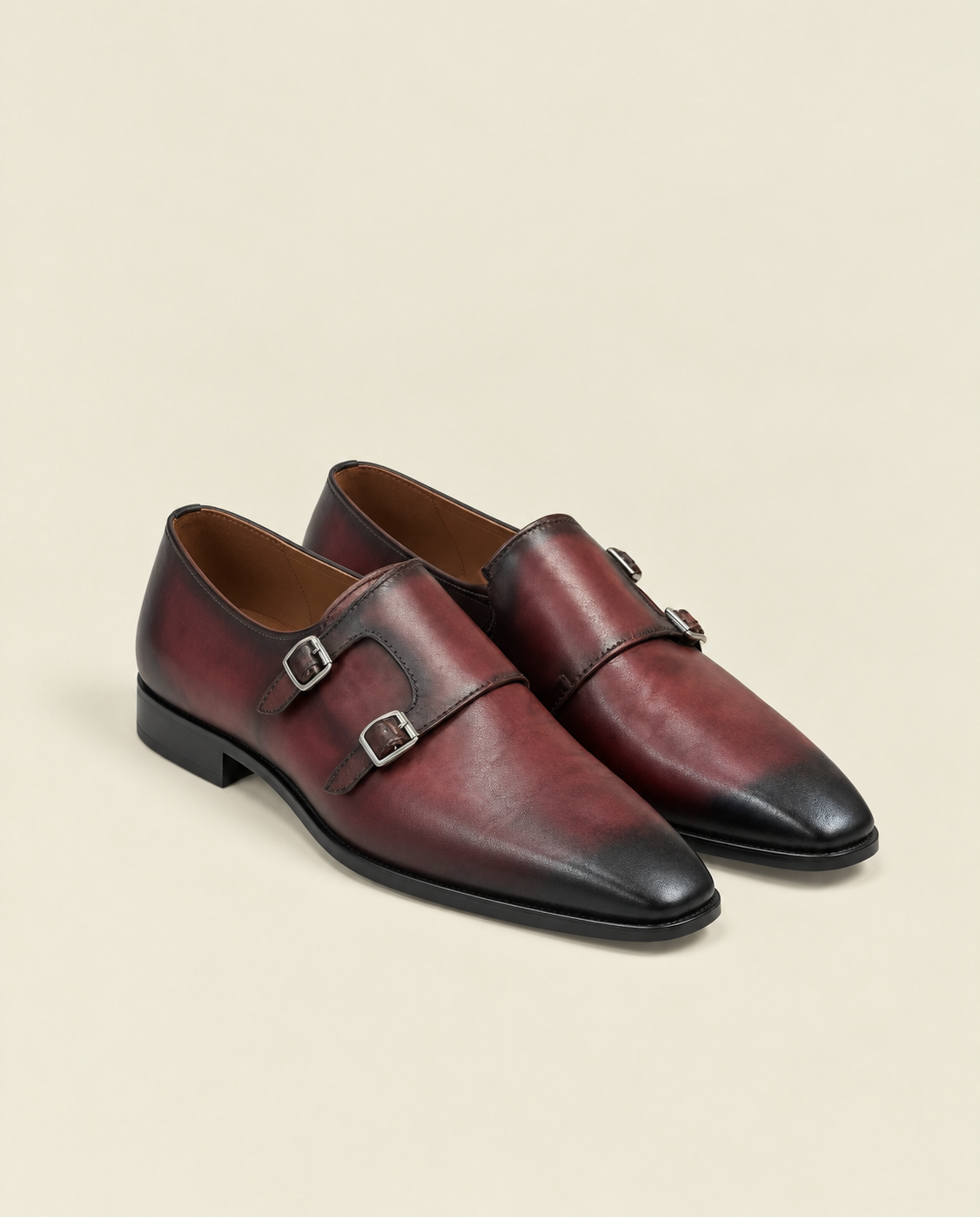 Men’s Brown Double Monk Strap Cap Toe Leather Shoes | Grandeur Man