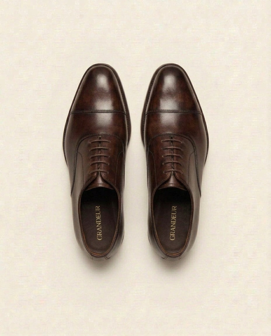 Dark Brown Leather Cap-Toe Oxford Shoes